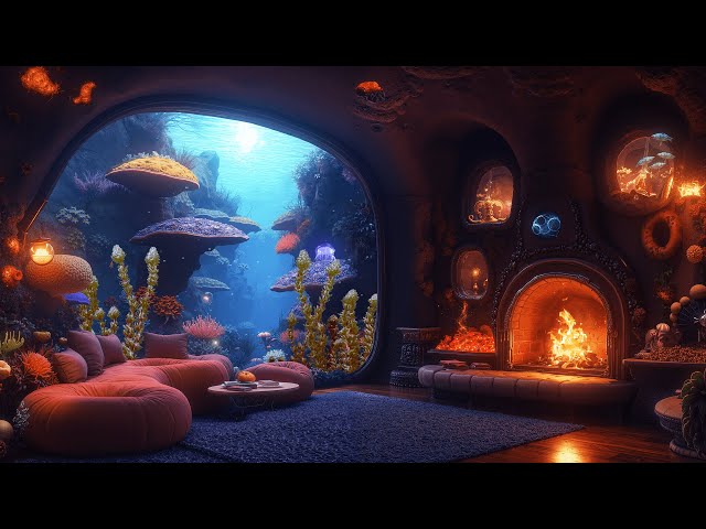 Enchanted Underwater Cozy Bedroom Ambience • Crackling Fireplace & Aquarium • Magical Night