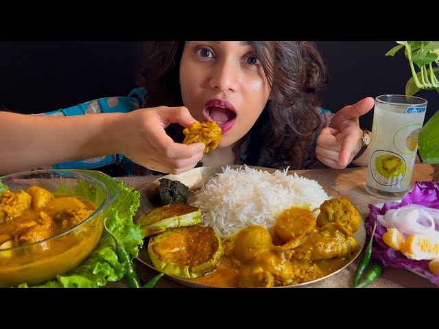 EATING SHOW | RICE, BEGUN BHAJA, SPICY CHICKEN CURRY, LAU PATA BATA | MUKBANG | ASMR | BIGBITES