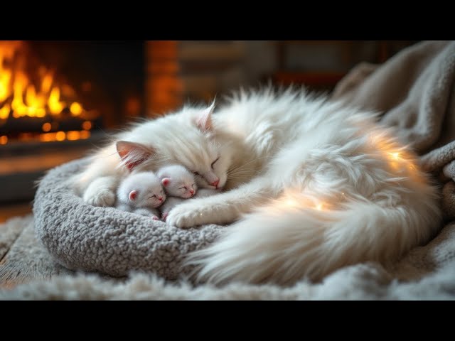 A fluffy cat sleeps with her kittens