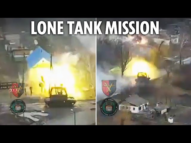 Lone Ukrainian tank takes out Russian lines at point blank range