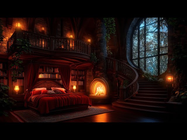 🔴24/7 Cozy Castle Room | Rain, Fireplace & Thunderstorm Sounds to Sleep Instantly