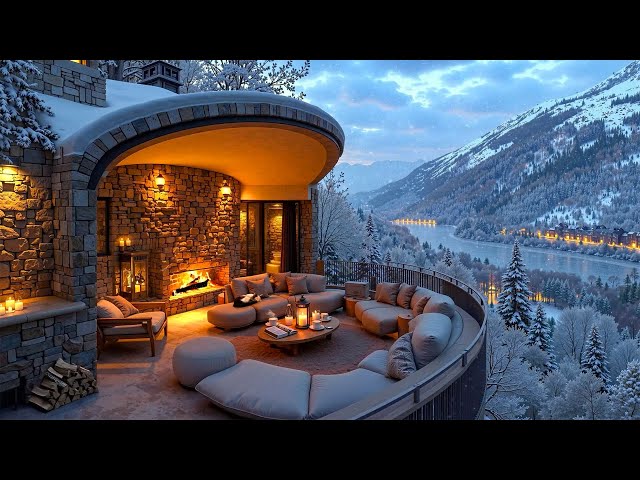 Peaceful Winter Retreat ~ Relaxing Warm Jazz, Cozy Coffee Terrace & Crackling Fireplace by the Lake☕