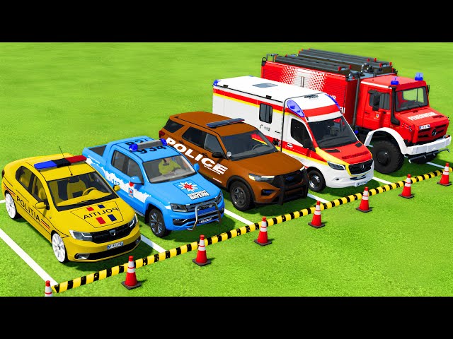 POLICE CARS, AMBULANCE, FIRE DEPARTMENT TRANSPORTING WITH SCANIA TRUCKS ! Farming Simulator 22