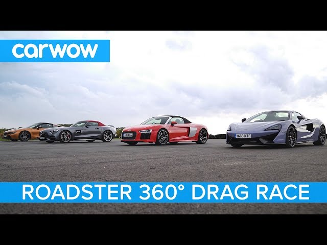 AMG GT C vs Audi R8 vs McLaren 570S vs BMW i8 - 360° Roadsters ROOF, DRAG and ROLLING RACE!