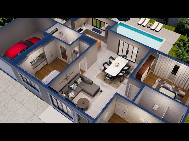 Planta de Casa em 3D com três Quartos e Garagem 🏠