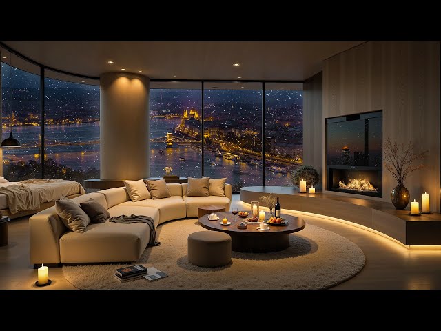 Beautiful Night View of Luxurious Apartment with Soft Jazz Music & Gentle Snowfall to Unwind