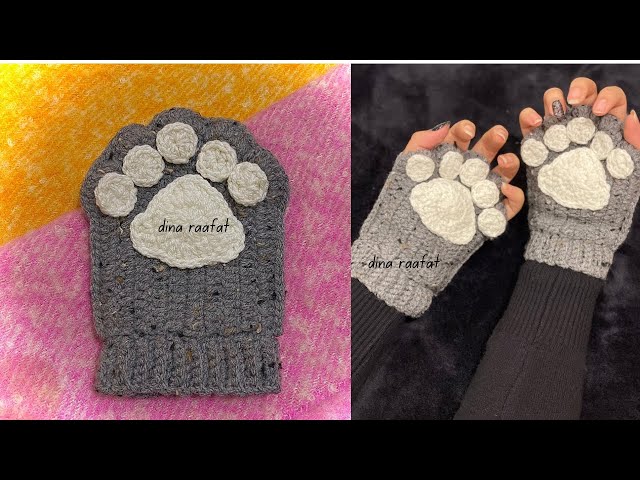 جوانتي كف القطه كروشيه_crochet cat paw fingerless gloves