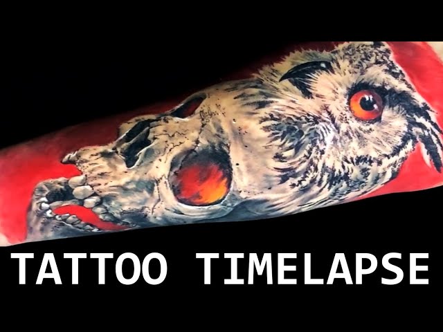 TATTOO REALISMO preto e sombra, Tattoo timelapse owl and skull, Coruja e caveira preto e sombra