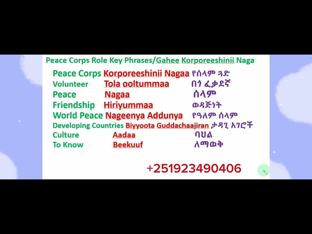 Afaan Oromoo Peace Corps Role Key PhrasesGahee Korporeeshinii Nagaa #study Afaan Oromoo#Amharic Engl