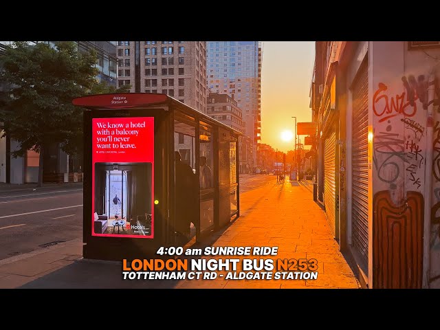 4AM London Bus Ride with upper-deck views from Tottenham Court Road to Aldgate aboard Bus Route N253