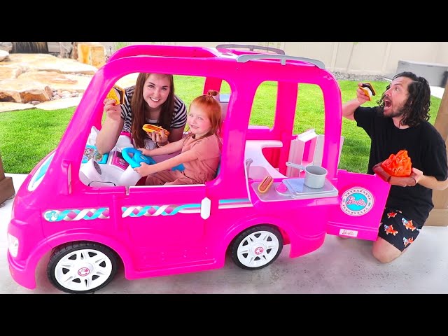 BARBIE DREAM CAMPER!! Adley Pretend Play with her first Power Wheels (backyard adventure routine)