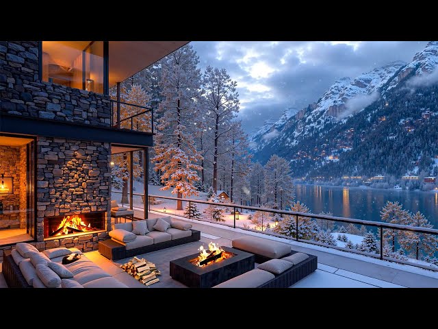 Peaceful Winter Nights ~ Snowy Terrace Retreat with Smooth Piano Jazz &  Warm Fireplace by the Lake