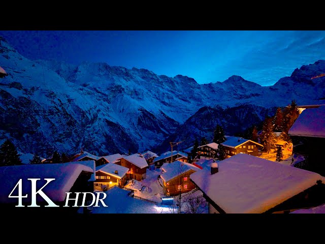 Scenic Sunset in Mürren- Switzerland, Relaxing Winter Walk, ASMR 4K