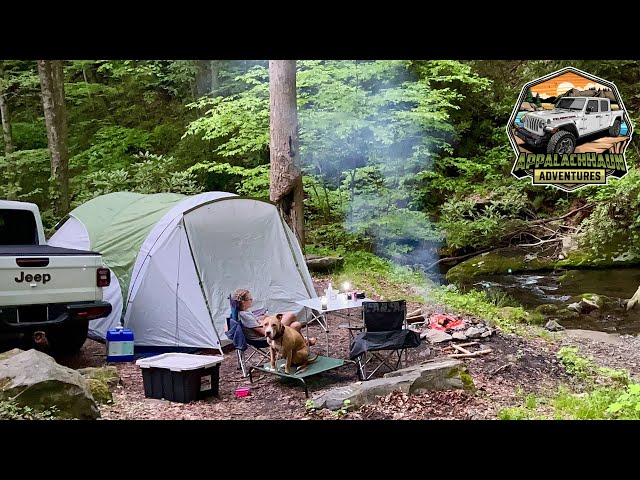 Creekside Camping with Jeep Gladiator & Dog 🐶