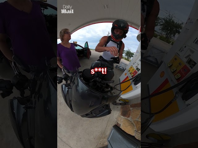 Angry woman confronts biker after he pulled into gas station