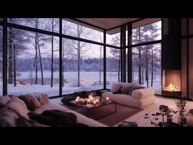 Warm Living Room ❄ Smooth Jazz Instrumental Music & Gentle Snowfall for Peaceful Morning, Relaxing