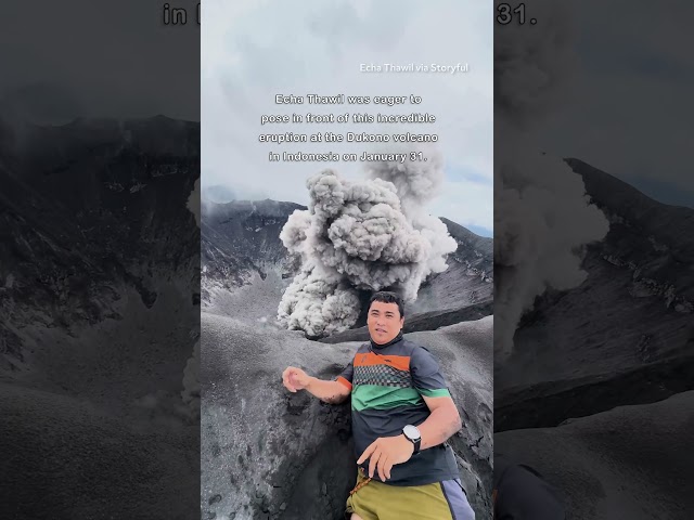 Man Strikes a Pose as Volcano Erupts in the Background