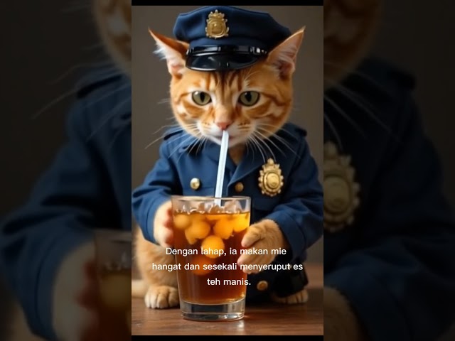 The cat cop is eating noodles 🍜and iced tea#cat #asmr #cute #funny #funnycats