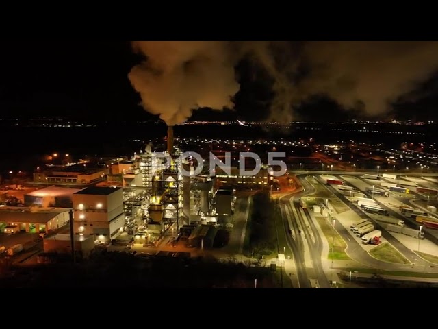 Factory Industry Plant At Night Aerial - Pollution Global Warming Climate Change - 4k Stock Footage