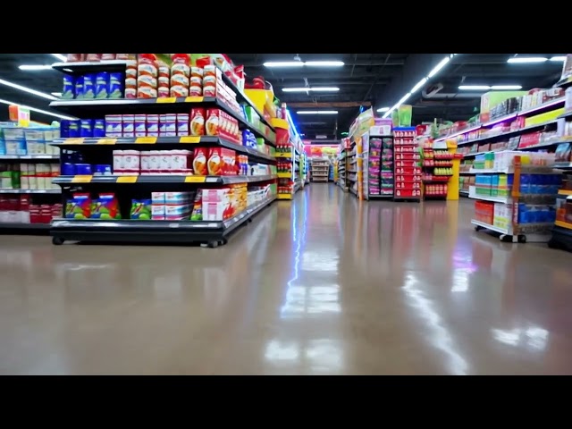 weirdly eerie empty shop with shelves stocked and a cart rolls along the floor