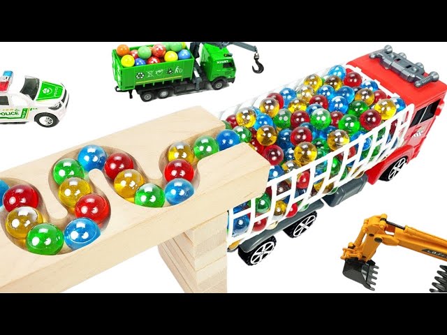 Marble Run ASMR Race ☆ HABA Slope & Dump Truck Excavator Ambulance Forklift Garbage Truck Tractors11