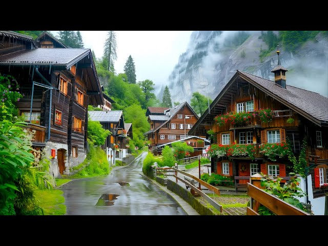 Relaxing walk on a rainy day in Mürren Switzerland 🇨🇭 Swiss village 4K