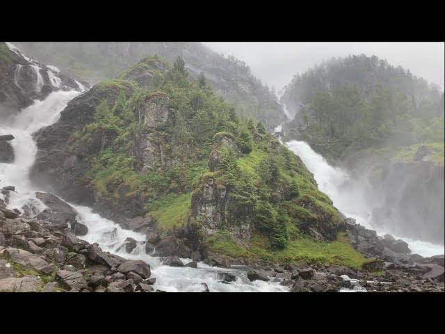 Two scenic waterfalls in rain | Låtefossen in Norway | Relaxing Sound of water.