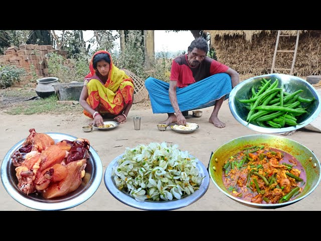 CHICKEN with MORINGA FLOWER & BEANS curry cooking and eating mother father || chicken beans recipe