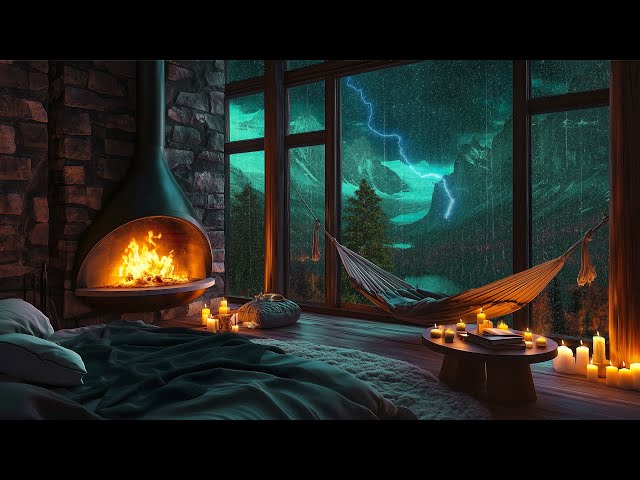 Thunderstorm w/ Crackling Fireplace 🔥 Cozy Room Ambience, Heavy Rain &  Cat Sleeping